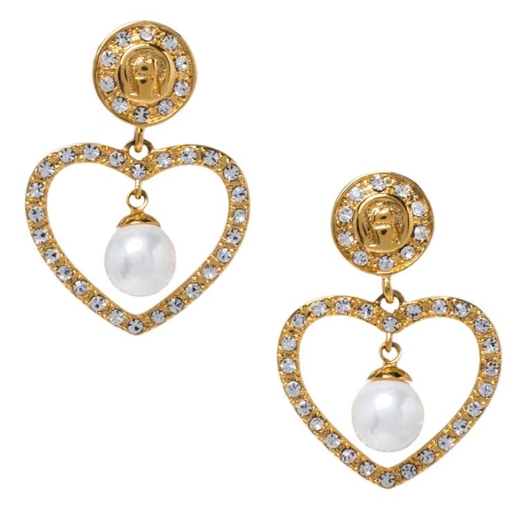 Pre Owned Aigner Heart Faux Pearl Crystal Gold Tone Drop Earrings
