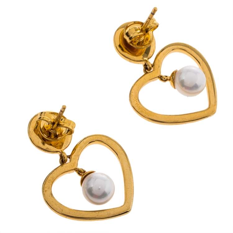 Pre Owned Aigner Heart Faux Pearl Crystal Gold Tone Drop Earrings
