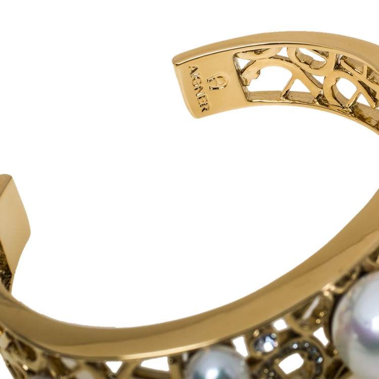 Pre Owned  Aigner Faux Pearl Crystal Gold Tone Open Cuff Bracelet