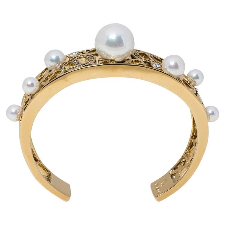 Pre Owned  Aigner Faux Pearl Crystal Gold Tone Open Cuff Bracelet