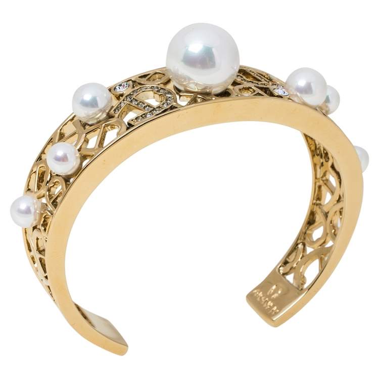 Pre Owned  Aigner Faux Pearl Crystal Gold Tone Open Cuff Bracelet