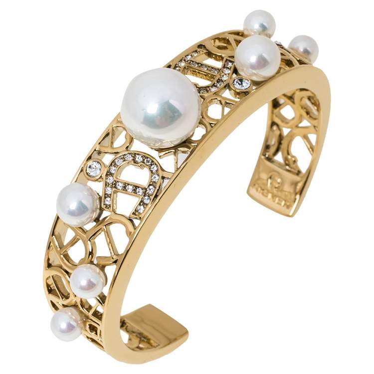 Pre Owned  Aigner Faux Pearl Crystal Gold Tone Open Cuff Bracelet