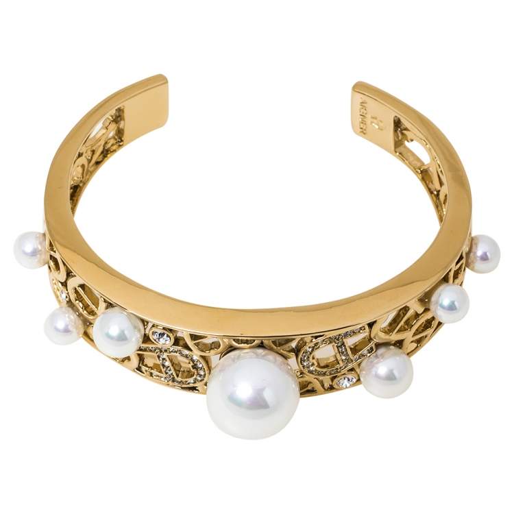 Pre Owned  Aigner Faux Pearl Crystal Gold Tone Open Cuff Bracelet