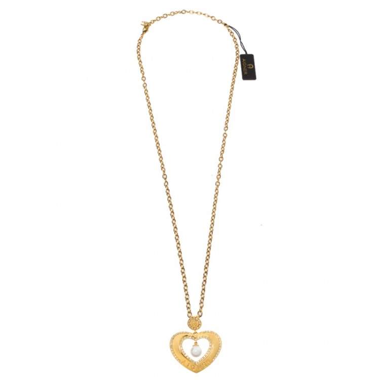 Aigner Heart Faux Pearl Crystal Gold Tone Necklace Aigner TLC