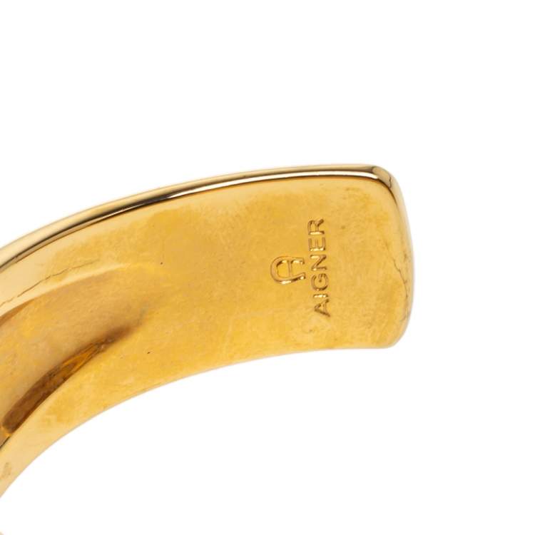 Pre Owned Aigner Crystal Studded Logo Gold Tone open Cuff Bracelet