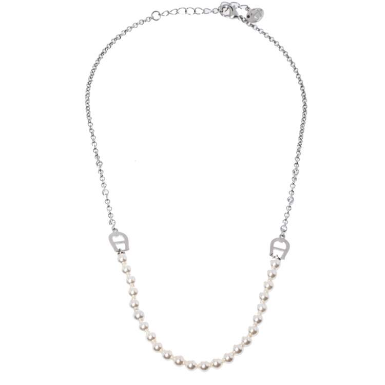 Aigner Crystal Faux Pearl Silver Tone Necklace Aigner TLC