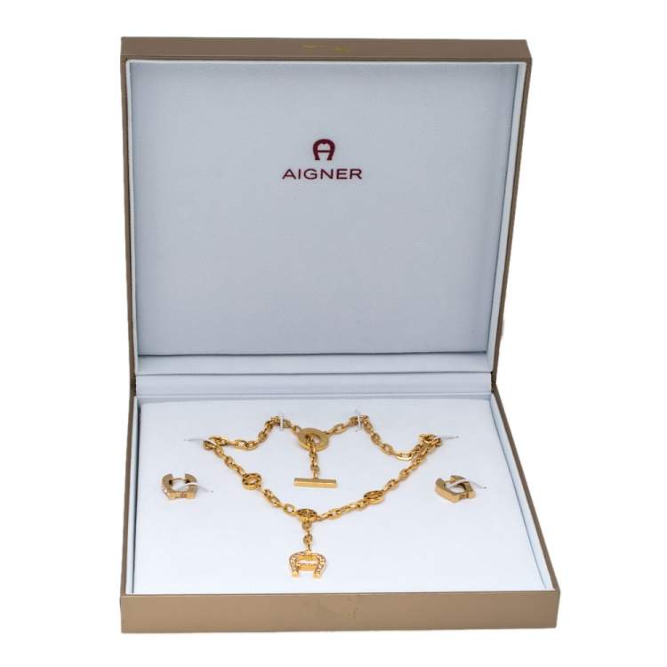 Aigner Logo Crystal Gold Tone Earring Necklace Set Aigner Tlc