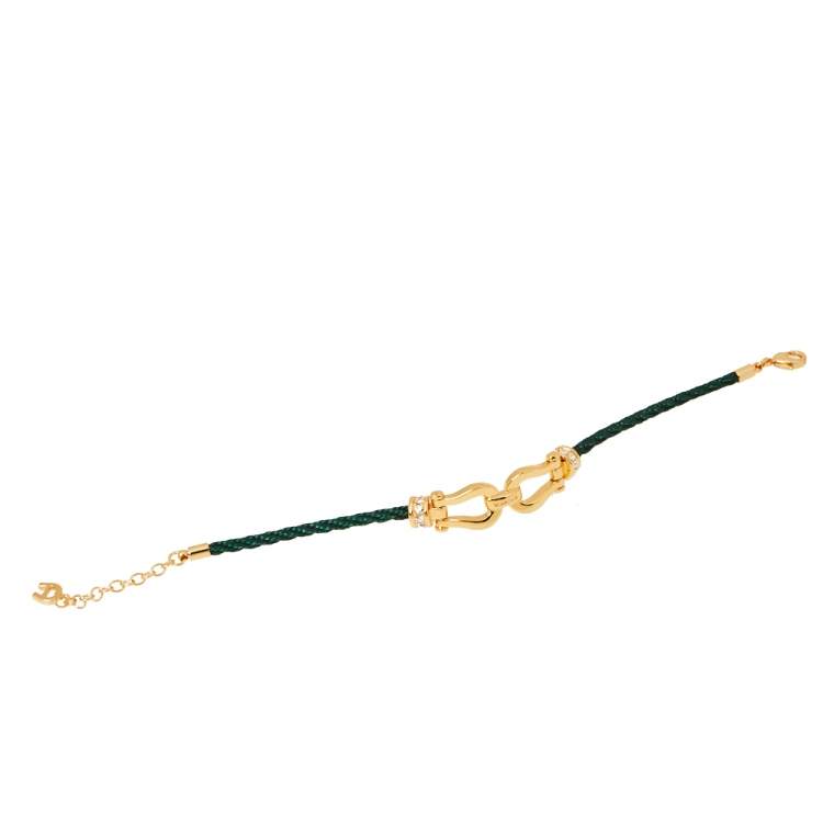 Pre Owned Aigner A Logo Crystal Gold Tone Silk Cord Bracelet 