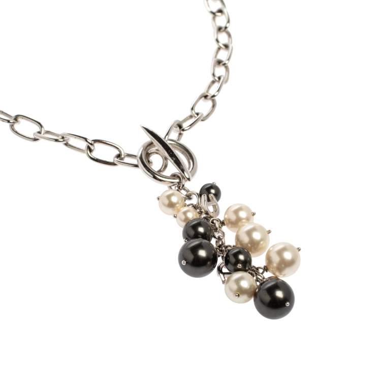 Pre Owned Aigner Silver Tone Faux Pearl Tasseled Necklace