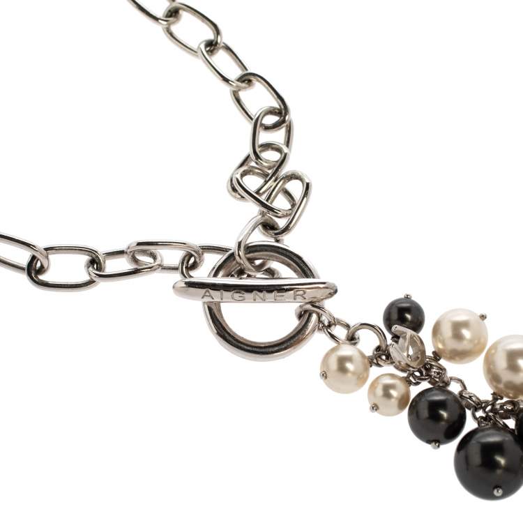 Pre Owned Aigner Silver Tone Faux Pearl Tasseled Necklace
