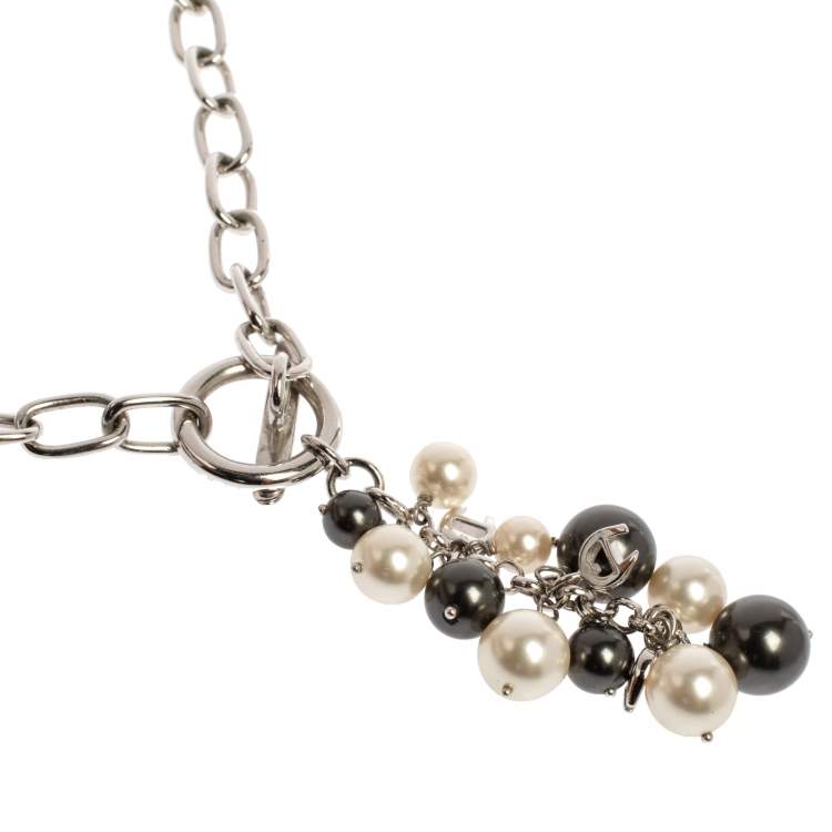 Pre Owned Aigner Silver Tone Faux Pearl Tasseled Necklace