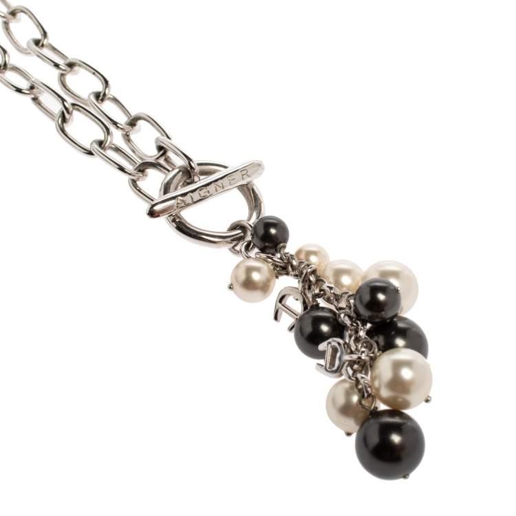 Pre Owned Aigner Silver Tone Faux Pearl Tasseled Necklace