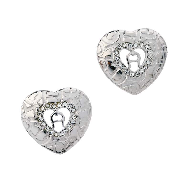 Pre Owned Aigner Silver Tone Heart Crystal Stud Earrings