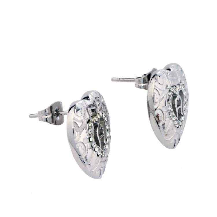 Pre Owned Aigner Silver Tone Heart Crystal Stud Earrings