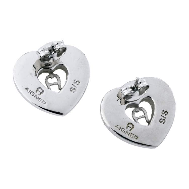 Pre Owned Aigner Silver Tone Heart Crystal Stud Earrings