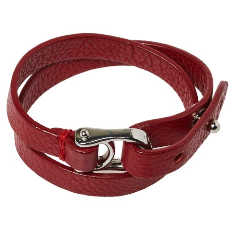 Pre Owned Aigner Dark Red Leather Double Tour Logo Bracelet