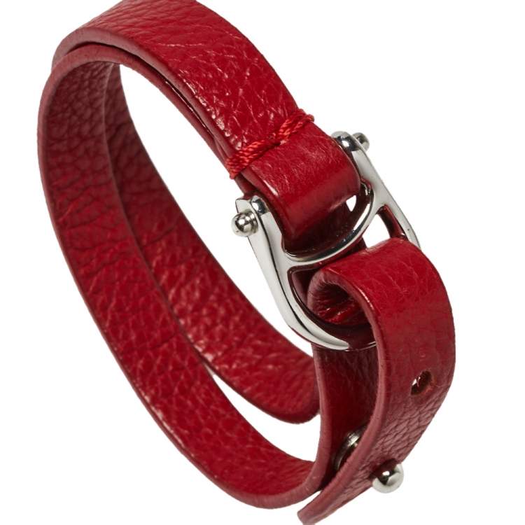 Pre Owned Aigner Dark Red Leather Double Tour Logo Bracelet