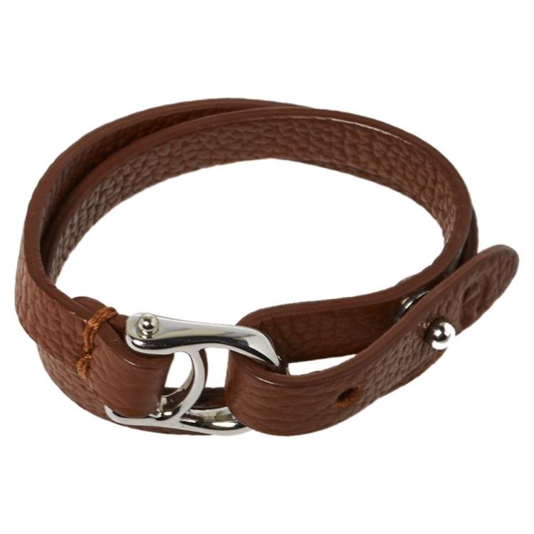 Pre Owned Aigner Brown Leather Double Tour Logo Bracelet
