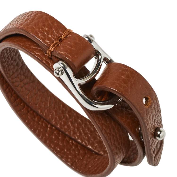 Pre Owned Aigner Brown Leather Double Tour Logo Bracelet