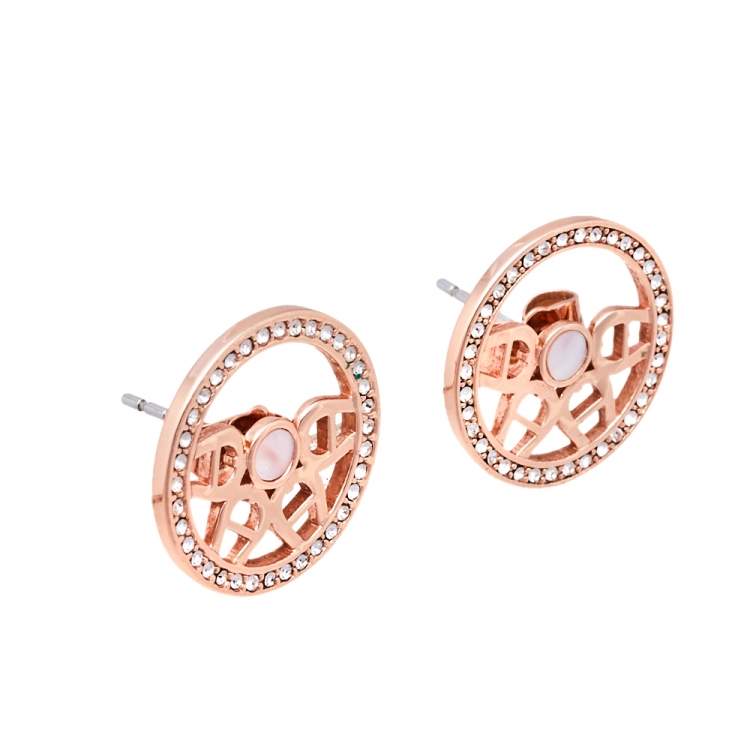 Pre Owned Aigner Rose Gold Tone Crystal MOP Logo Necklace & Earrings Set