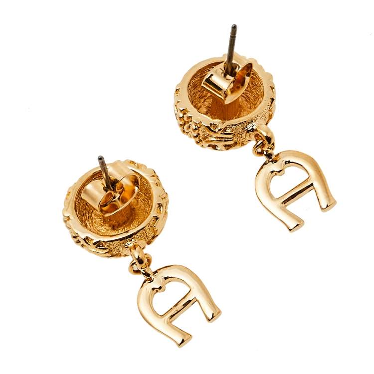 Pre Owned Aigner Crystal Charms Logo Drop Necklace & Earrings Set