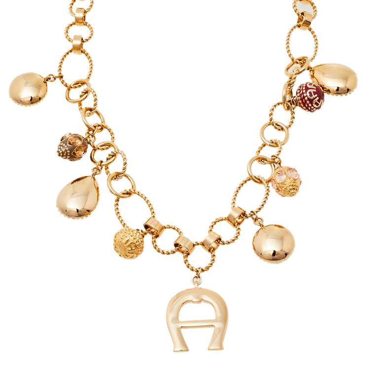 Pre Owned Aigner Crystal Charms Logo Drop Necklace & Earrings Set