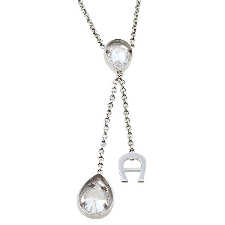 مملوكة مسبقًا Aigner Crystal Embellished Logo Pendant Silver Tone Necklace