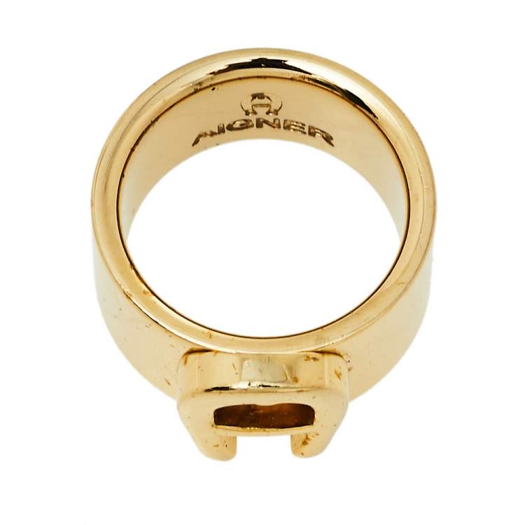 Pre Owned Aigner Gold Tone Logo Band Ring Size EU 54.5