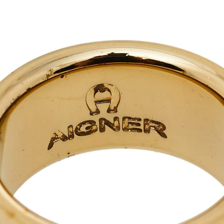 Pre Owned Aigner Gold Tone Logo Band Ring Size EU 54.5