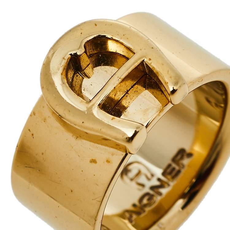 Pre Owned Aigner Gold Tone Logo Band Ring Size EU 54.5
