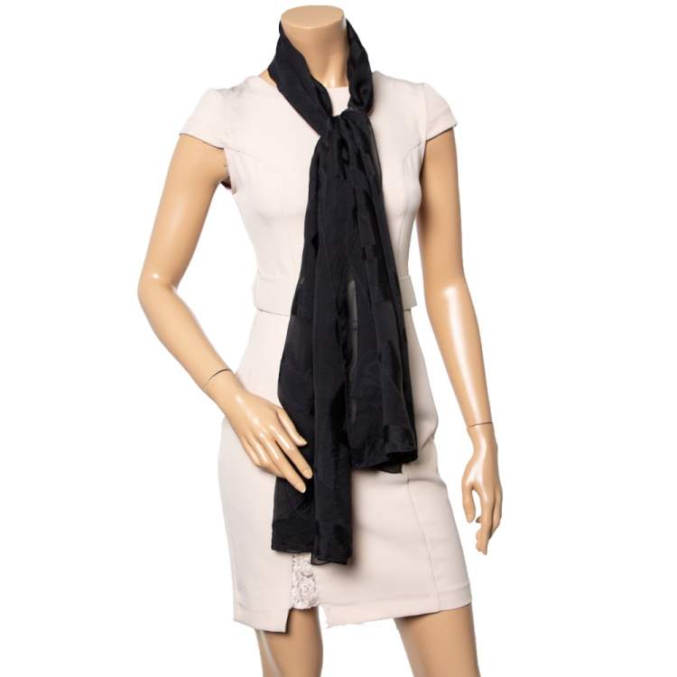 Pre Owned Aigner Black Fil Coupe Logo Pattern Sheer Silk Stole