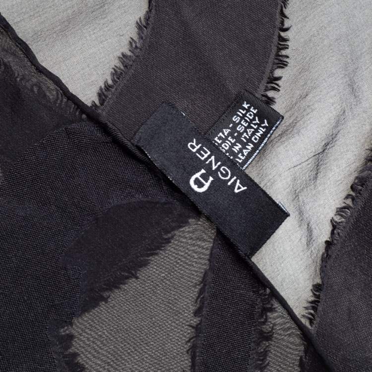 Pre Owned Aigner Black Fil Coupe Logo Pattern Sheer Silk Stole