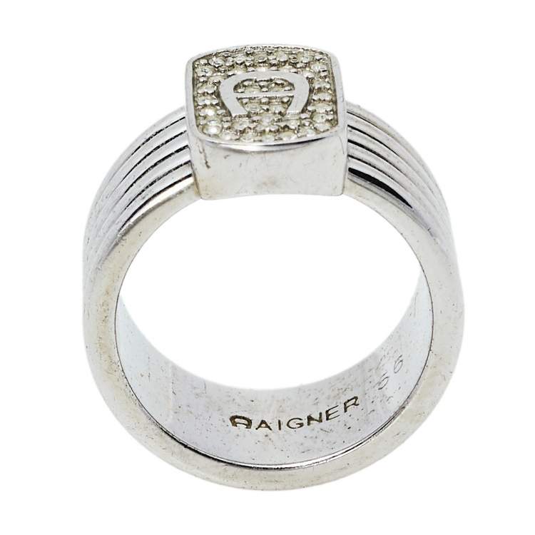 Pre Owned Aigner Silver Tone Crystal Logo Band Ring Size EU 56