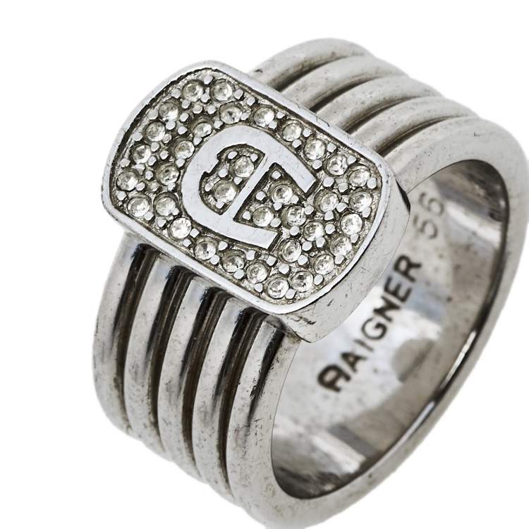Pre Owned Aigner Silver Tone Crystal Logo Band Ring Size EU 56