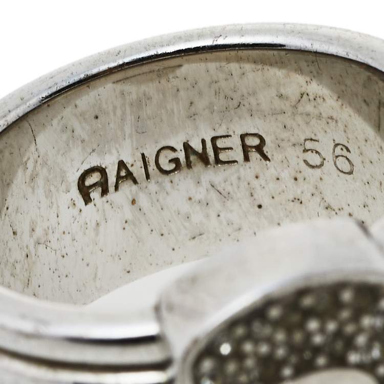 Pre Owned Aigner Silver Tone Crystal Logo Band Ring Size EU 56