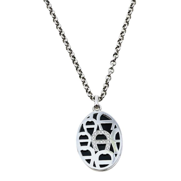 Pre Owned Aigner Crystal Logo Double Pendant Silver Tone Chain Necklace