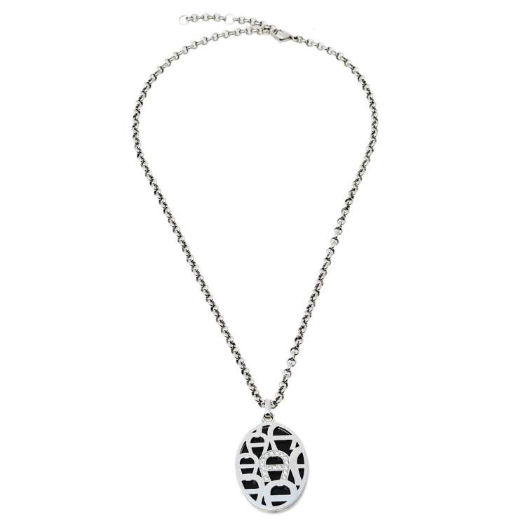 Pre Owned Aigner Crystal Logo Double Pendant Silver Tone Chain Necklace