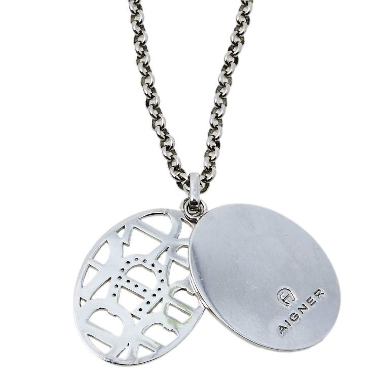Pre Owned Aigner Crystal Logo Double Pendant Silver Tone Chain Necklace