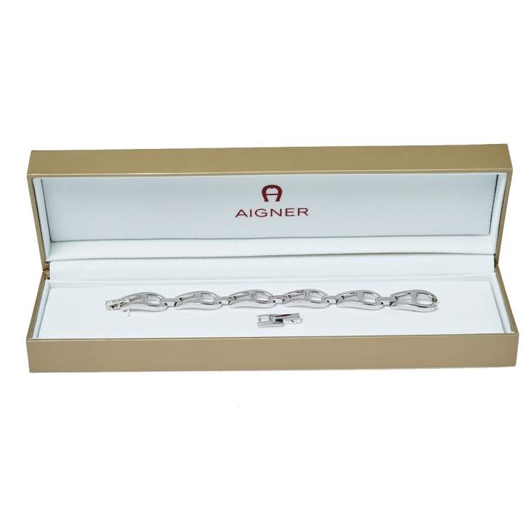 Pre Owned Aigner Silver Tone Metal Logo Link Bracelet
