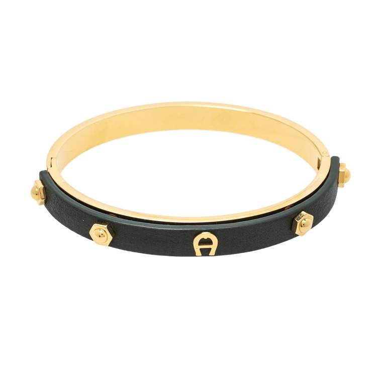Pre Owned Aigner Dark Green Leather Gold Tone Cuff Bracelet