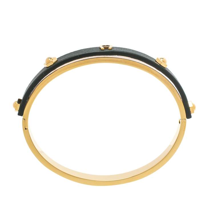 Pre Owned Aigner Dark Green Leather Gold Tone Cuff Bracelet