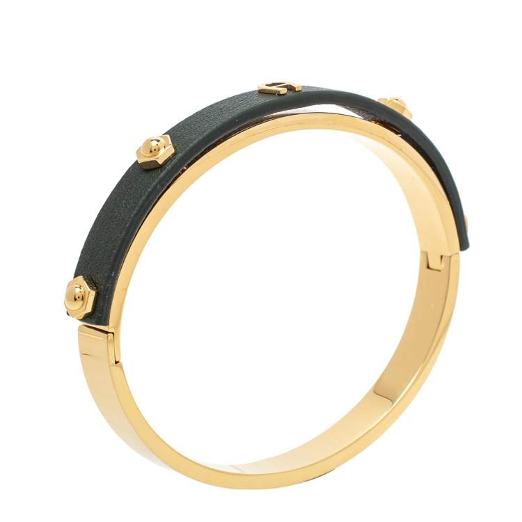 Pre Owned Aigner Dark Green Leather Gold Tone Cuff Bracelet