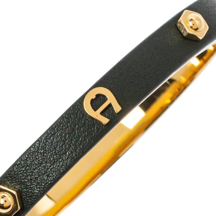 Pre Owned Aigner Dark Green Leather Gold Tone Cuff Bracelet