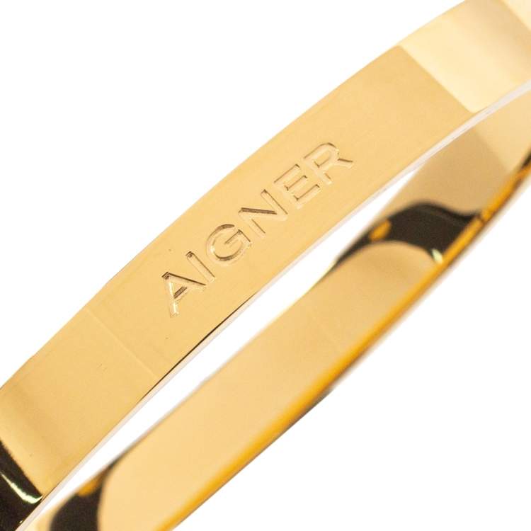 Pre Owned Aigner Dark Green Leather Gold Tone Cuff Bracelet
