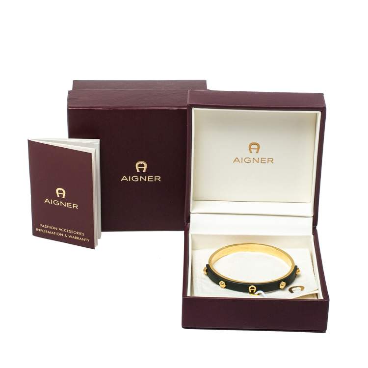 Pre Owned Aigner Dark Green Leather Gold Tone Cuff Bracelet
