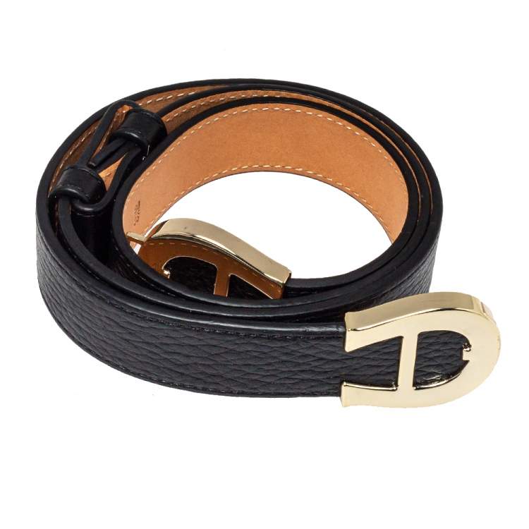 Pre Owned Aigner Black Grained Leather Double Buckle Waist Belt 90CM