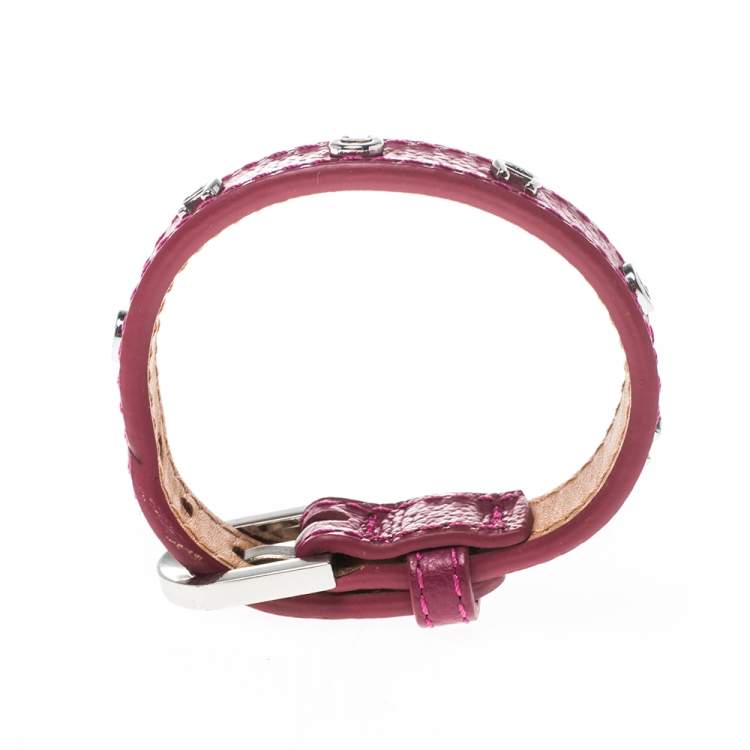 Pre Owned Aigner Pink Leather Silver Tone Logo Wrap Bracelet