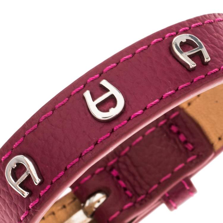 Pre Owned Aigner Pink Leather Silver Tone Logo Wrap Bracelet