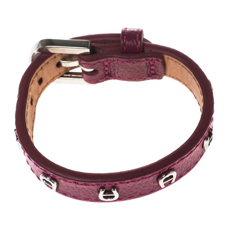 Pre Owned Aigner Pink Leather Silver Tone Logo Wrap Bracelet
