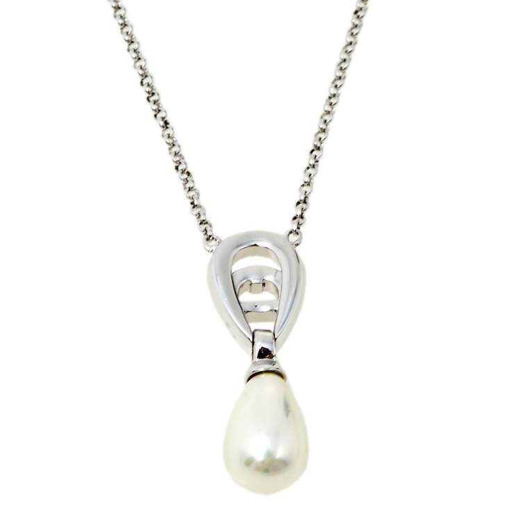 Pre Owned Aigner A-Logo Pearl Crystal Silver Tone Pendant Necklace
